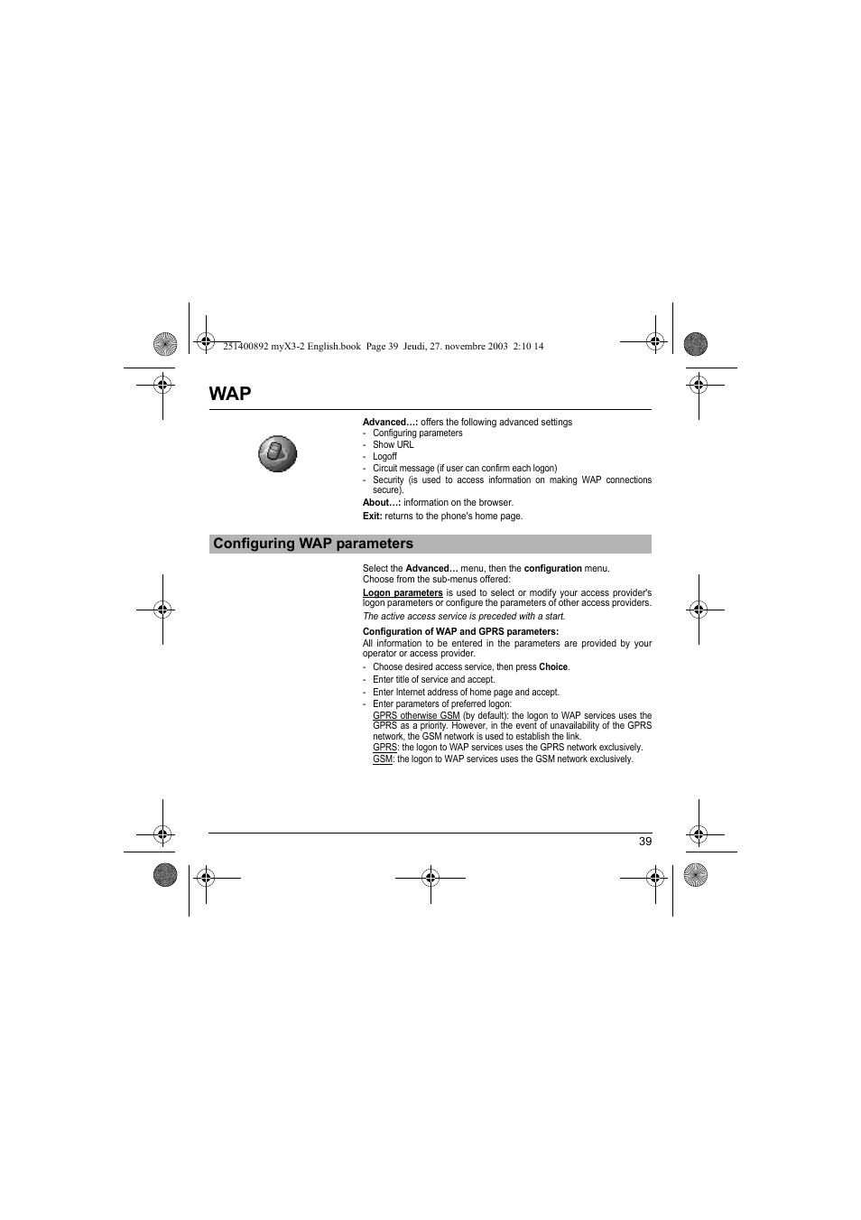 Configuring wap parameters | Sagem myX3-2 User Manual | Page 42 / 79