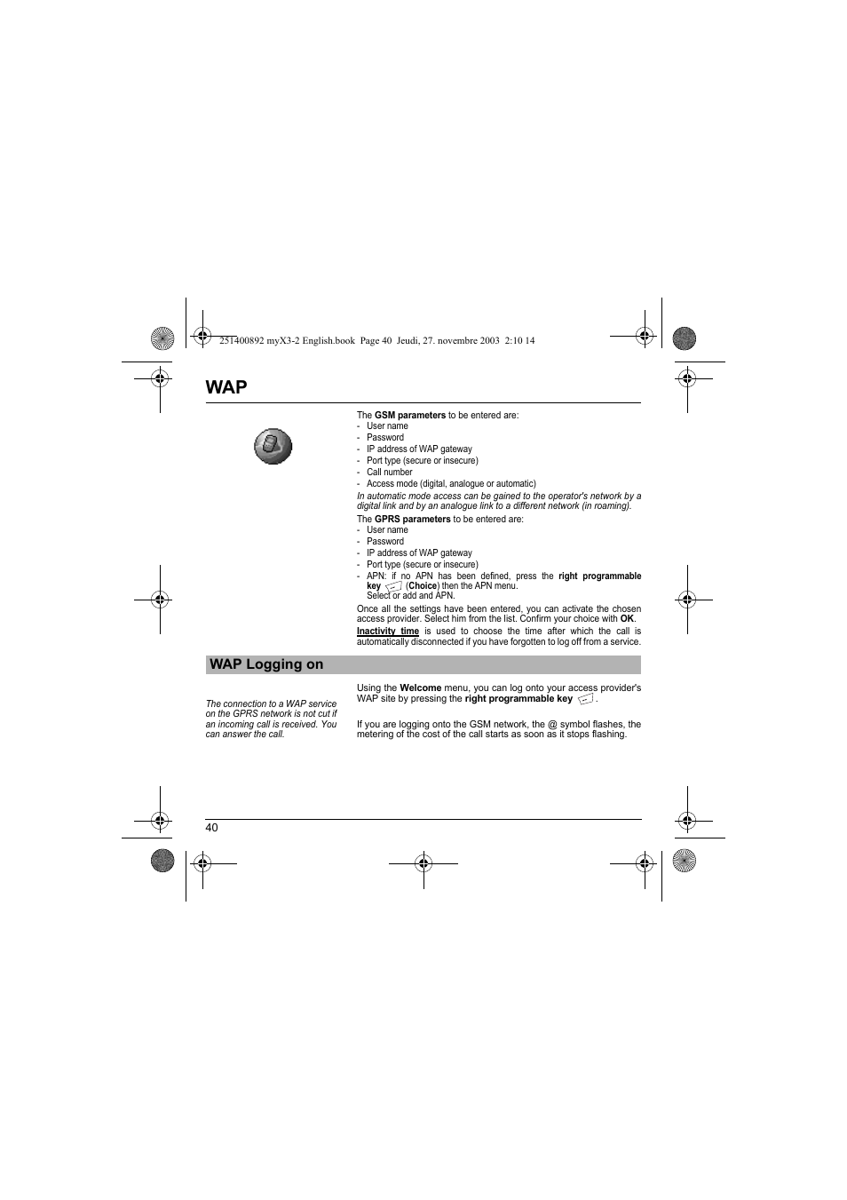 Wap logging on | Sagem myX3-2 User Manual | Page 43 / 79