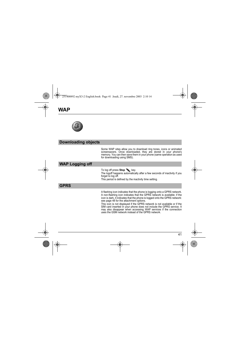 Downloading objects wap logging off gprs | Sagem myX3-2 User Manual | Page 44 / 79