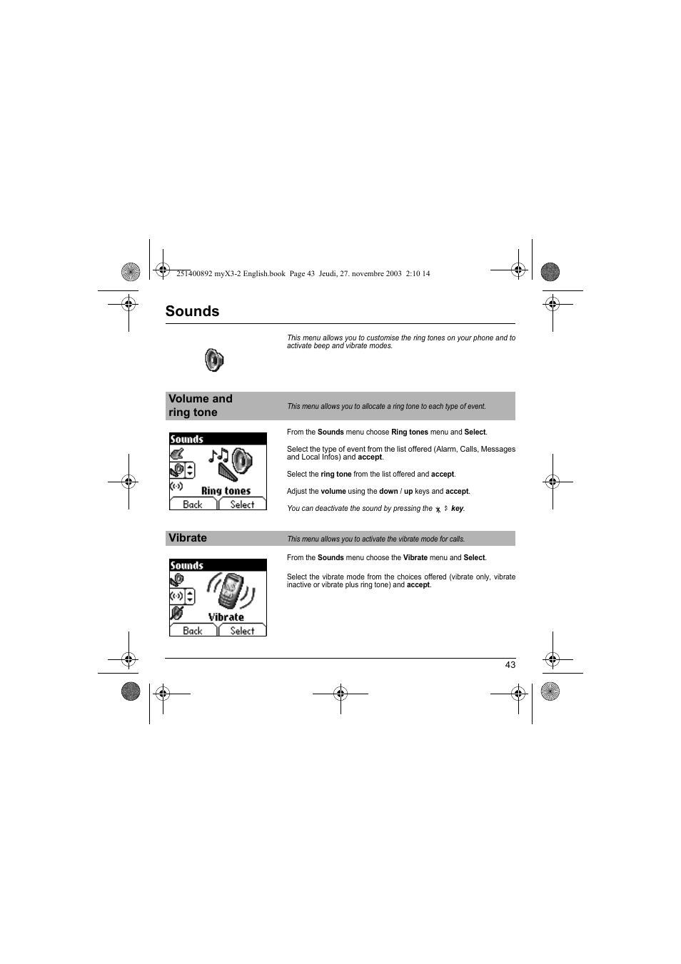 Sounds, Volume and ring tone vibrate | Sagem myX3-2 User Manual | Page 46 / 79