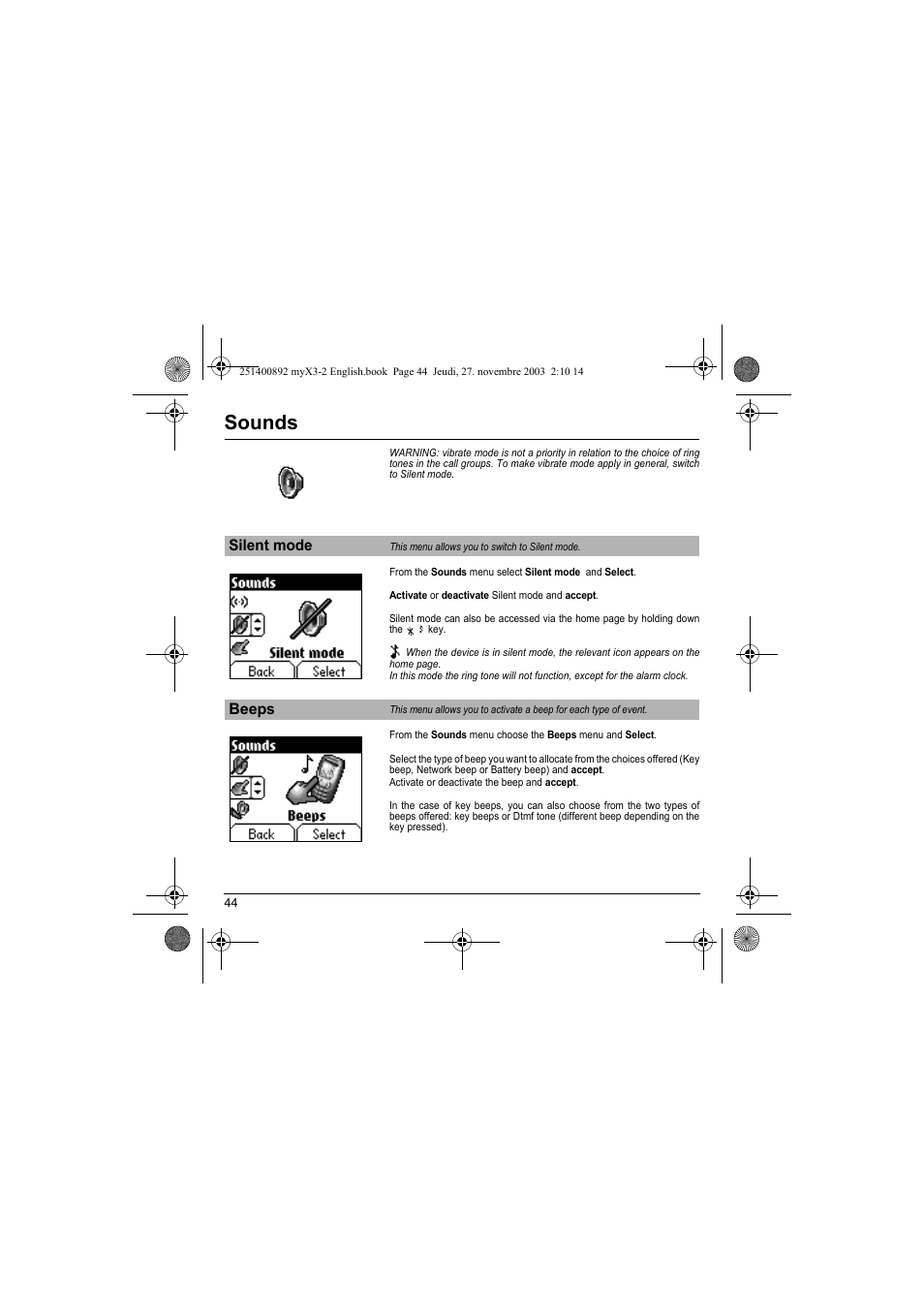 Silent mode beeps, Sounds | Sagem myX3-2 User Manual | Page 47 / 79