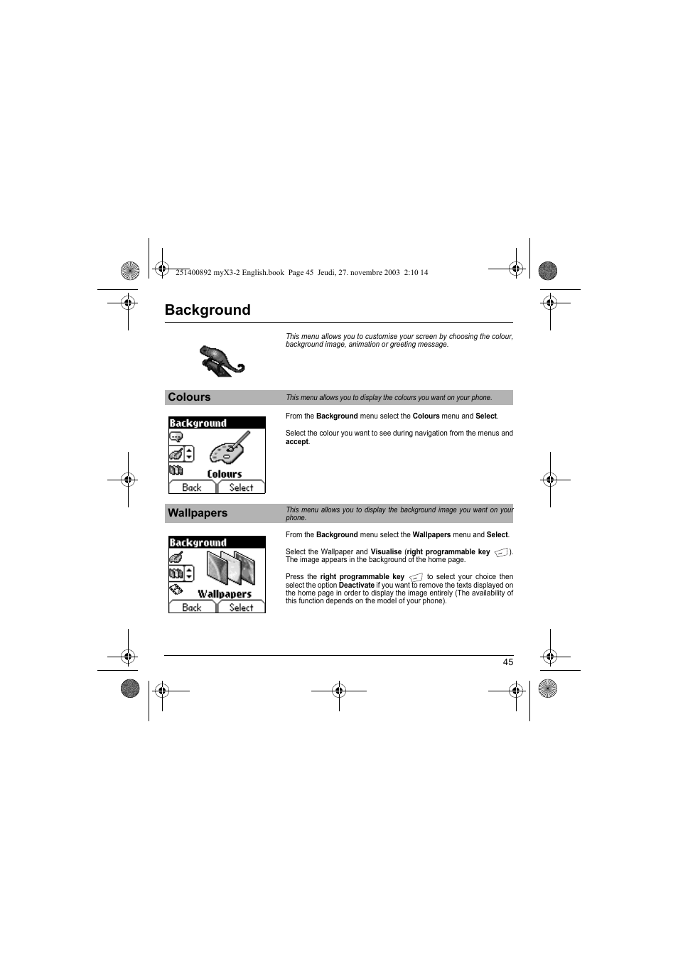 Background, Colours wallpapers | Sagem myX3-2 User Manual | Page 48 / 79