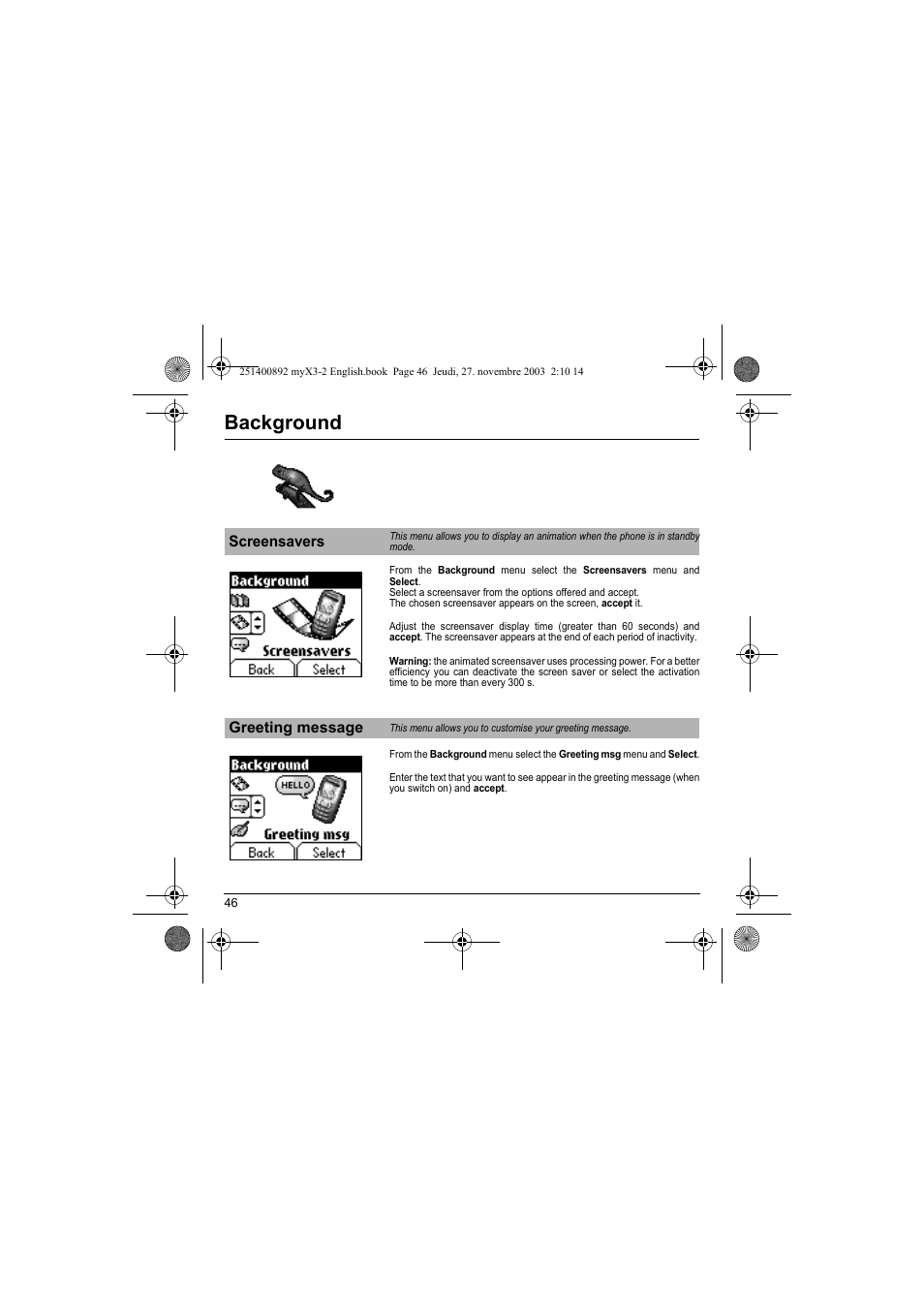 Screensavers greeting message, Background | Sagem myX3-2 User Manual | Page 49 / 79