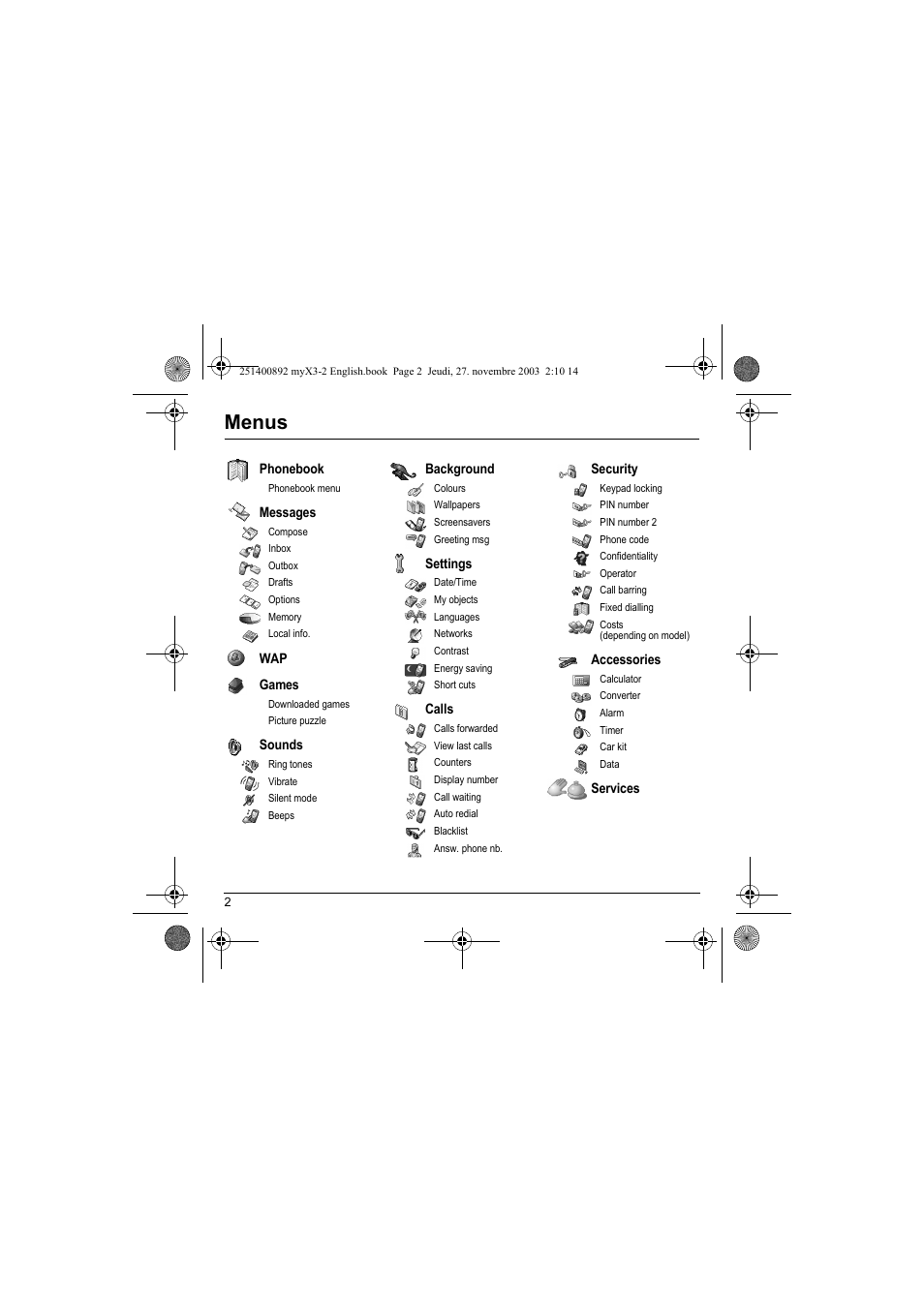 Menus | Sagem myX3-2 User Manual | Page 5 / 79