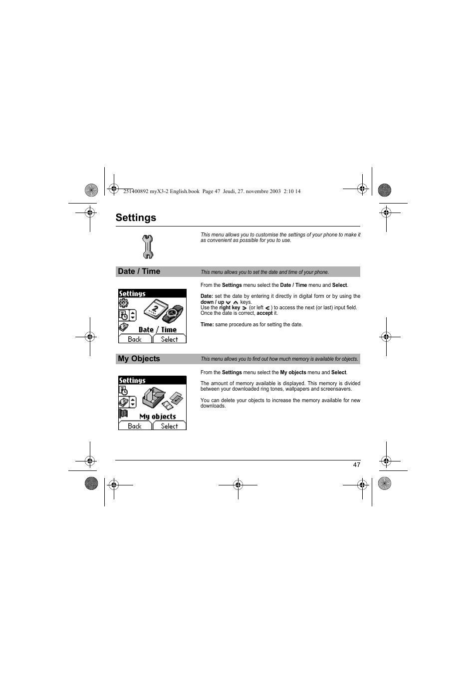 Settings, Date / time my objects | Sagem myX3-2 User Manual | Page 50 / 79