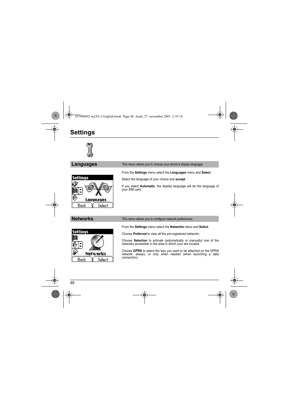 Languages networks, Settings | Sagem myX3-2 User Manual | Page 51 / 79