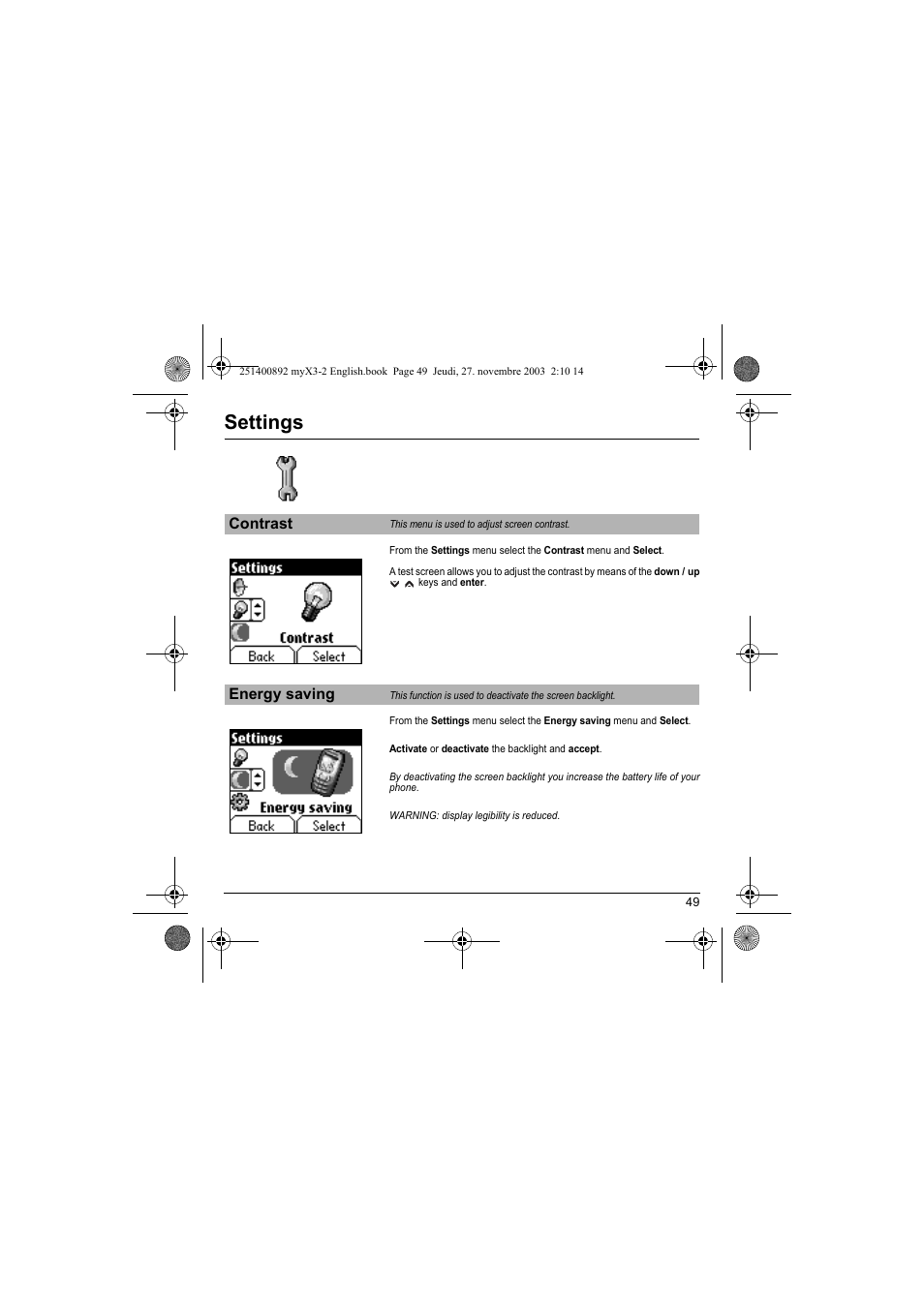 Contrast energy saving, Settings | Sagem myX3-2 User Manual | Page 52 / 79