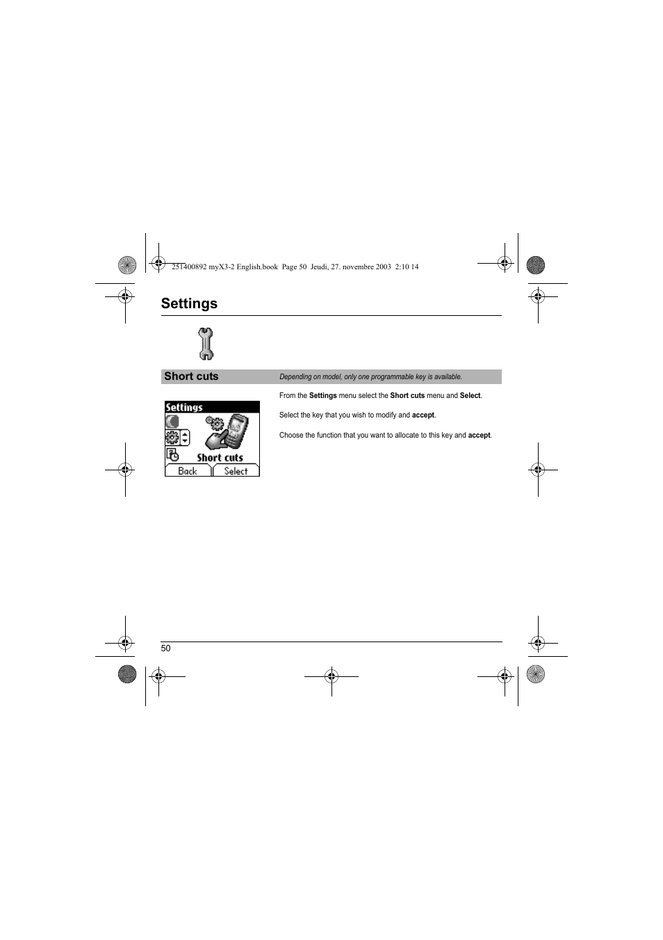 Short cuts, Settings | Sagem myX3-2 User Manual | Page 53 / 79