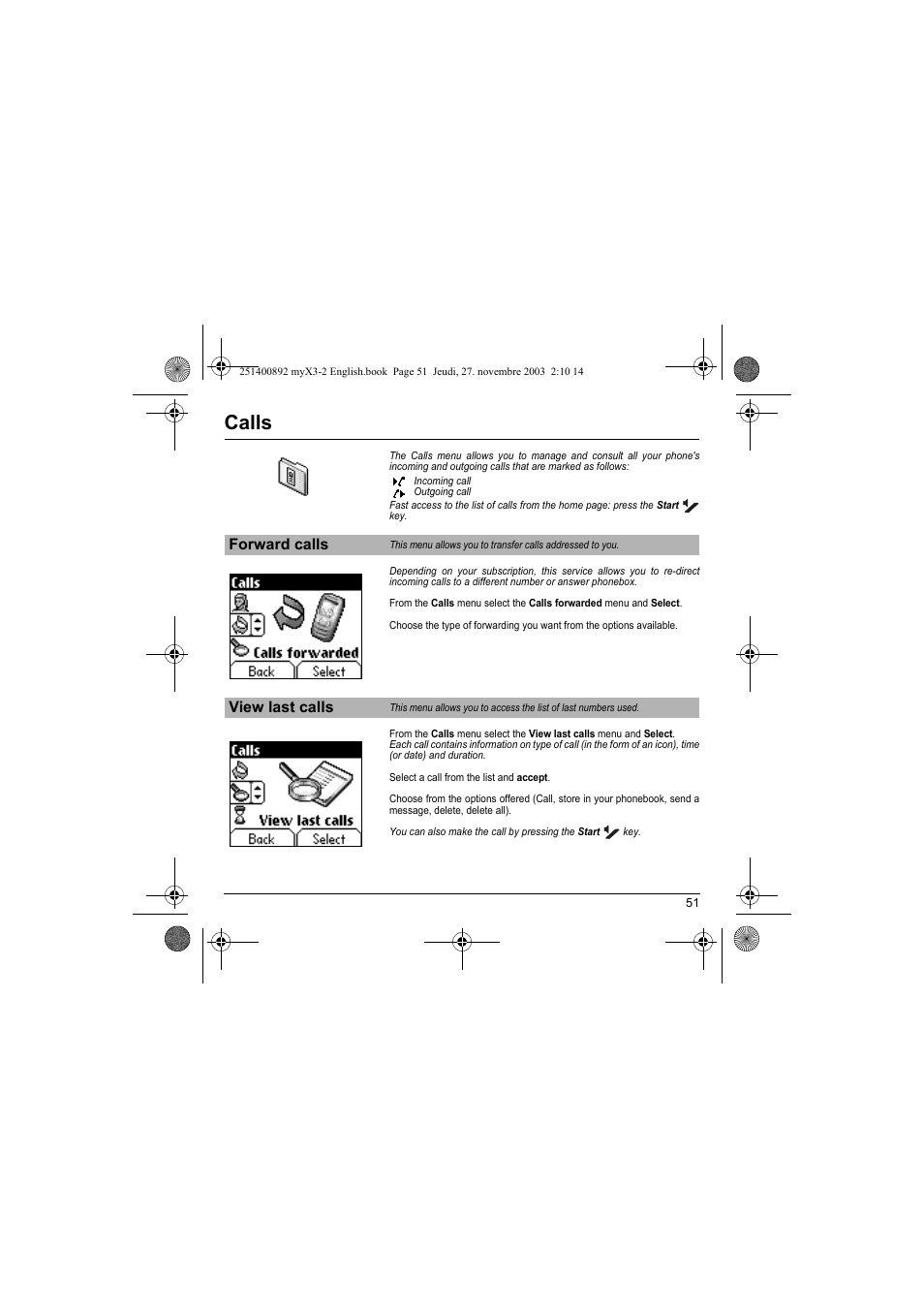 Calls, Forward calls view last calls | Sagem myX3-2 User Manual | Page 54 / 79