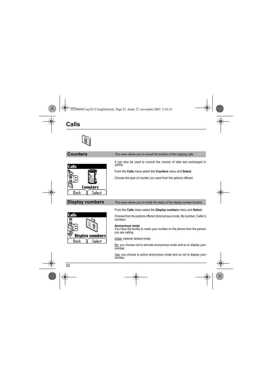 Counters display numbers, Calls | Sagem myX3-2 User Manual | Page 55 / 79