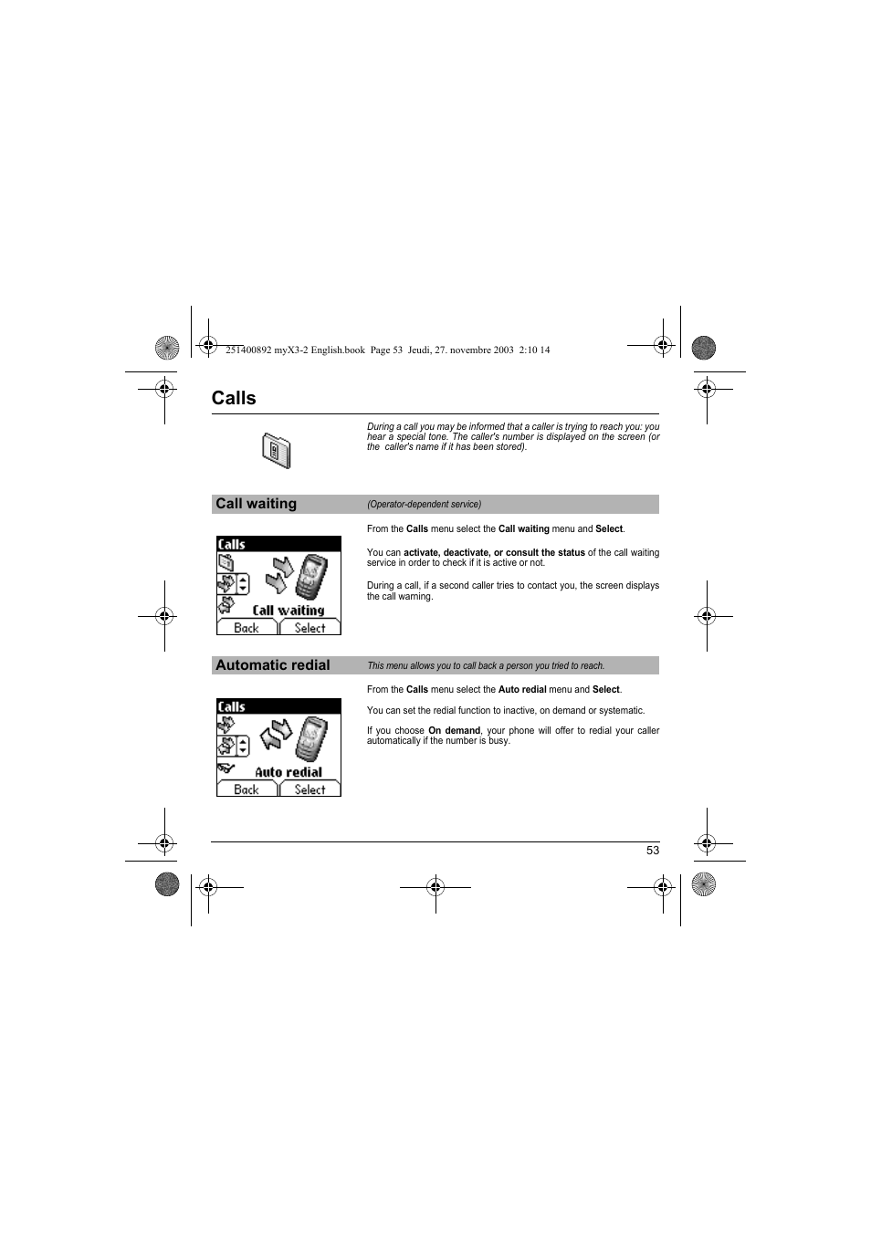 Call waiting automatic redial, Calls | Sagem myX3-2 User Manual | Page 56 / 79