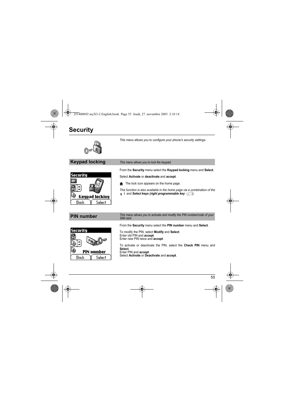 Security, Keypad locking pin number | Sagem myX3-2 User Manual | Page 58 / 79