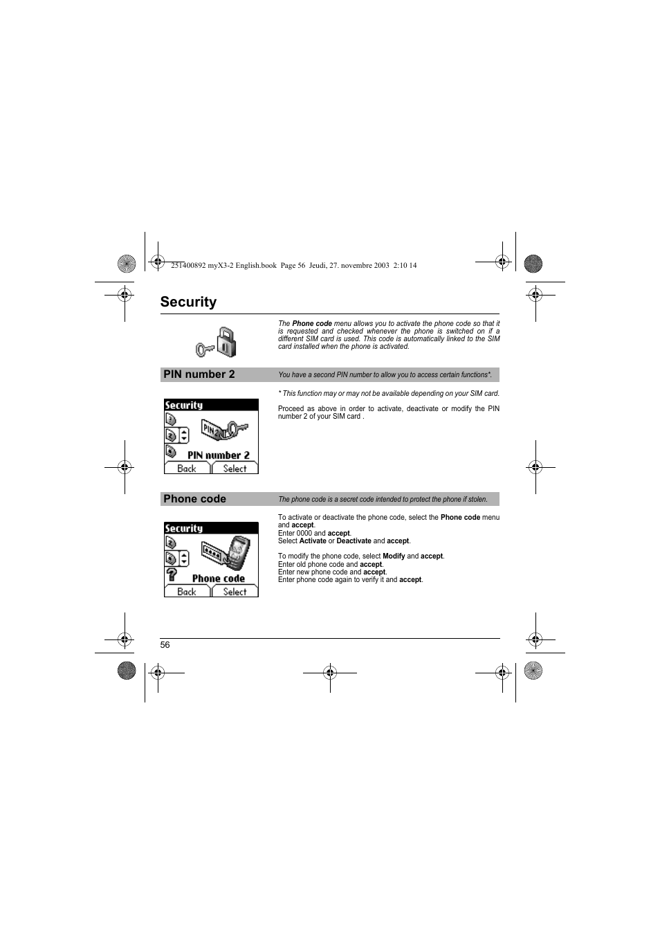 Pin number 2 phone code, Security | Sagem myX3-2 User Manual | Page 59 / 79