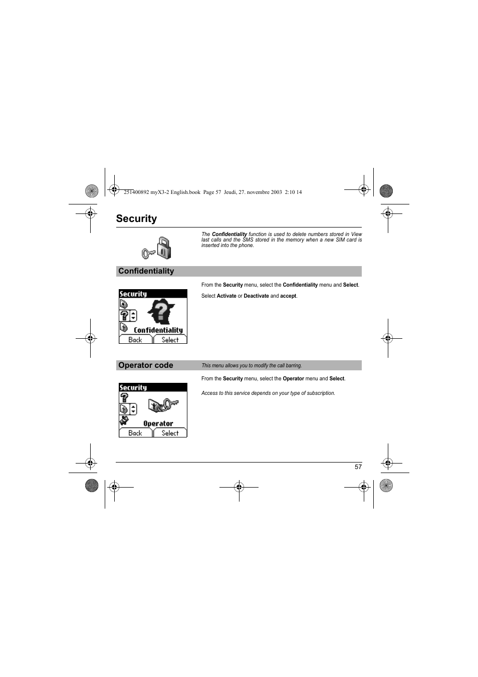 Confidentiality operator code, Security | Sagem myX3-2 User Manual | Page 60 / 79