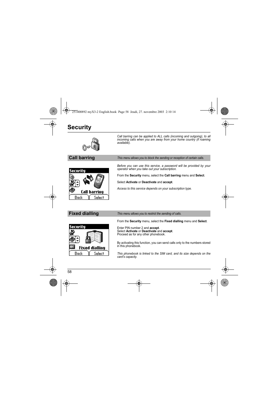 Call barring fixed dialling, Security | Sagem myX3-2 User Manual | Page 61 / 79