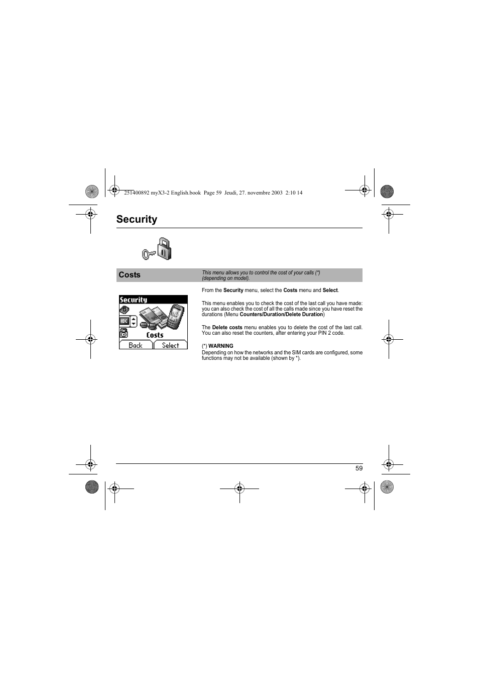 Costs, Security | Sagem myX3-2 User Manual | Page 62 / 79