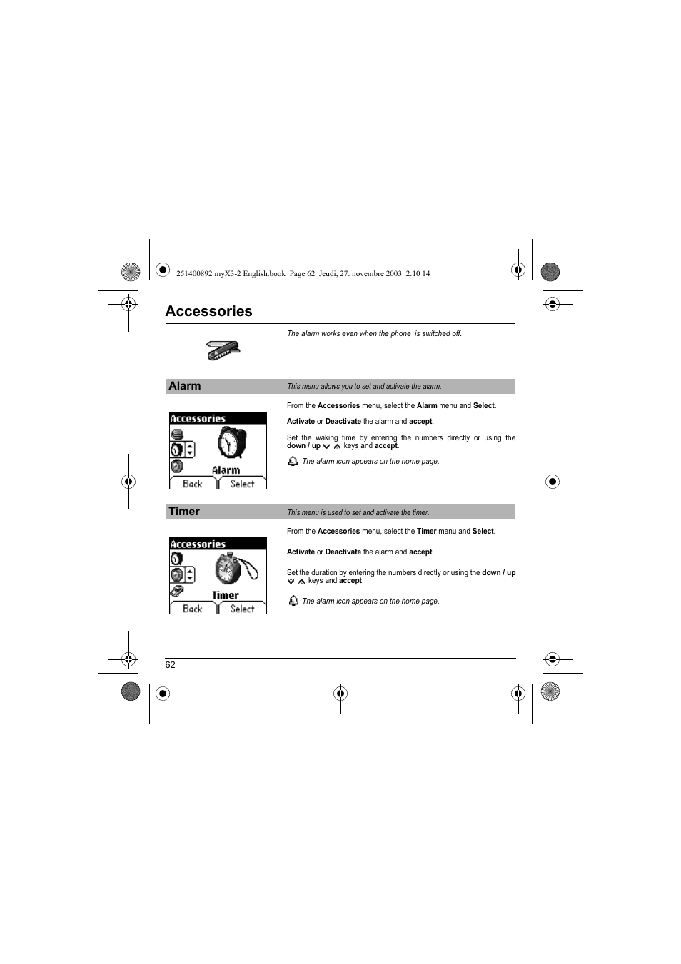 Alarm timer, Accessories | Sagem myX3-2 User Manual | Page 65 / 79