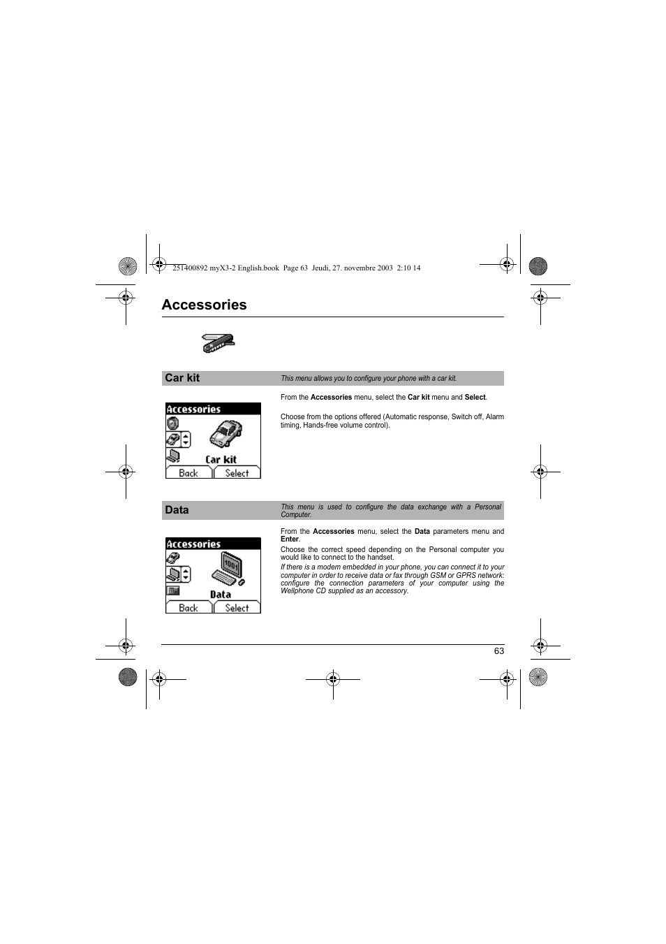 Car kit data, Accessories | Sagem myX3-2 User Manual | Page 66 / 79