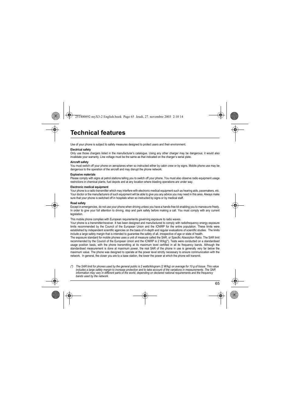 Technical features | Sagem myX3-2 User Manual | Page 68 / 79