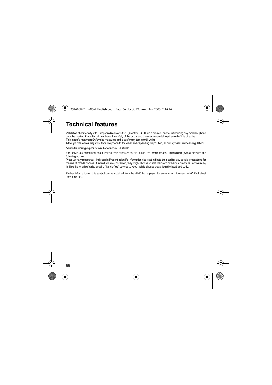 Technical features | Sagem myX3-2 User Manual | Page 69 / 79