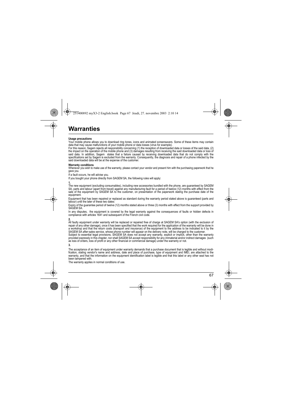 Warranties | Sagem myX3-2 User Manual | Page 70 / 79