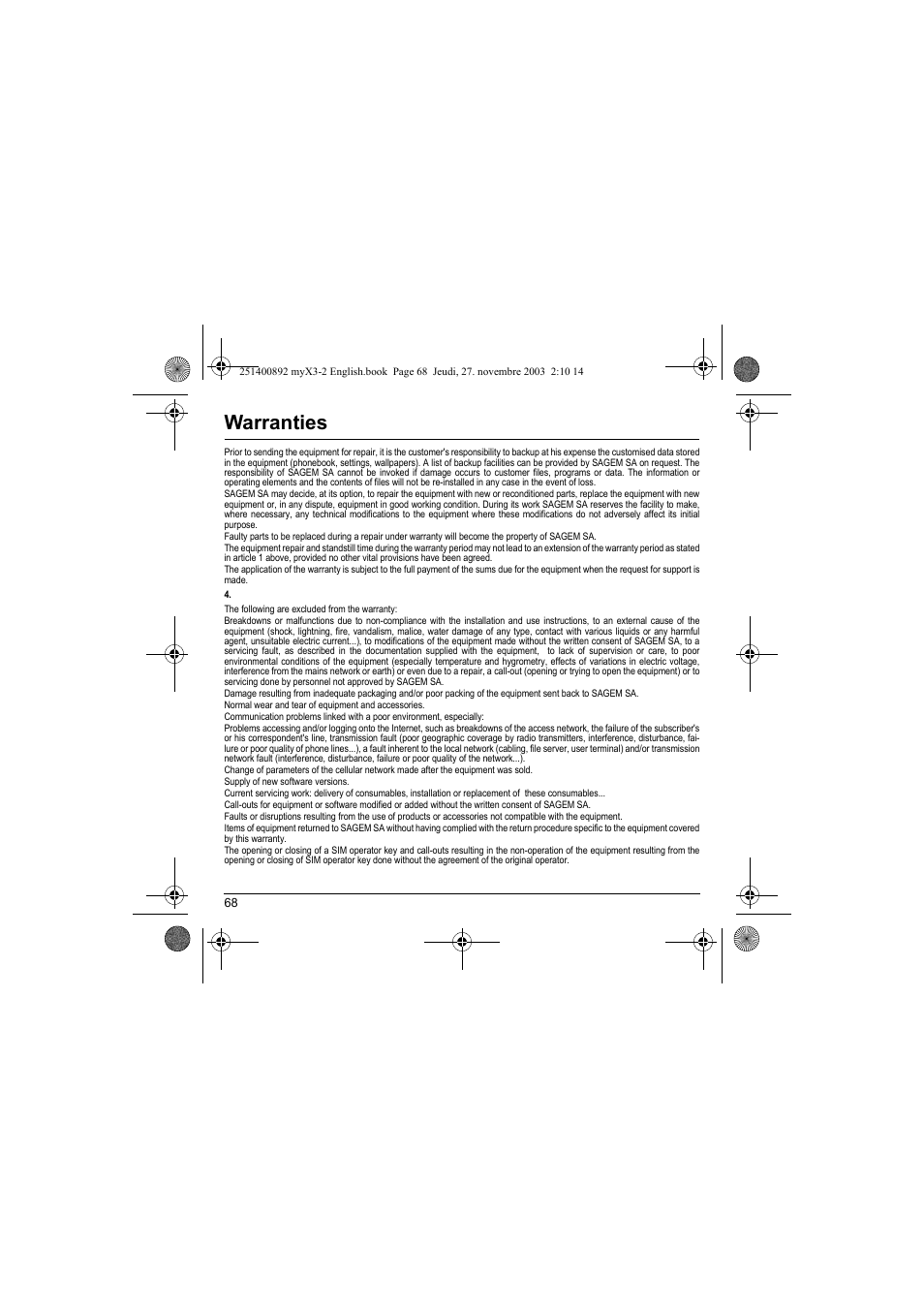 Warranties | Sagem myX3-2 User Manual | Page 71 / 79