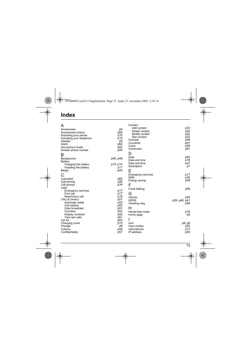 Index | Sagem myX3-2 User Manual | Page 76 / 79