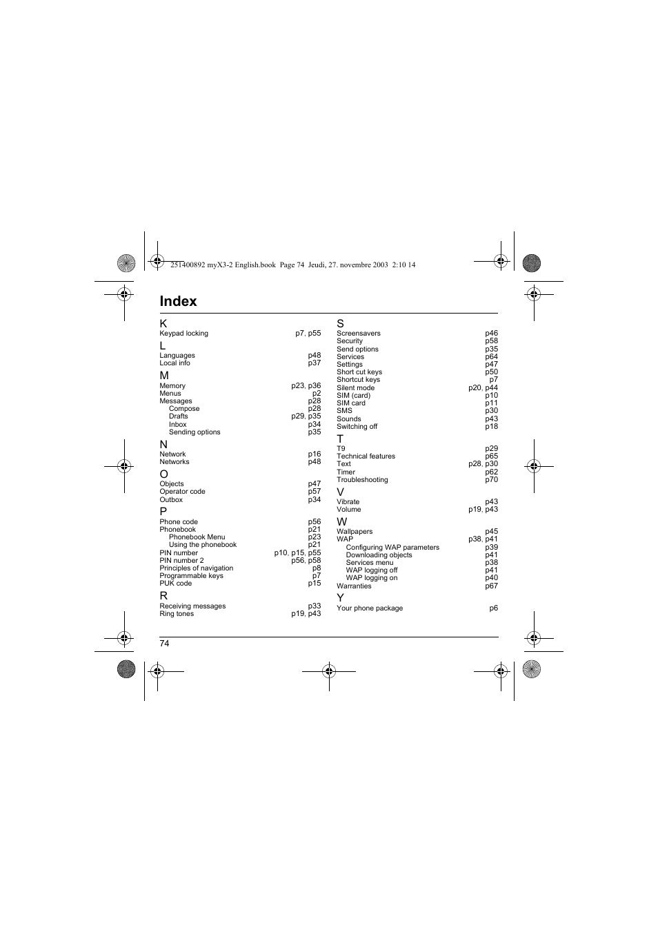 Index | Sagem myX3-2 User Manual | Page 77 / 79