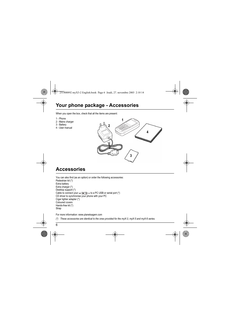 Your phone package - accessories, Accessories | Sagem myX3-2 User Manual | Page 9 / 79