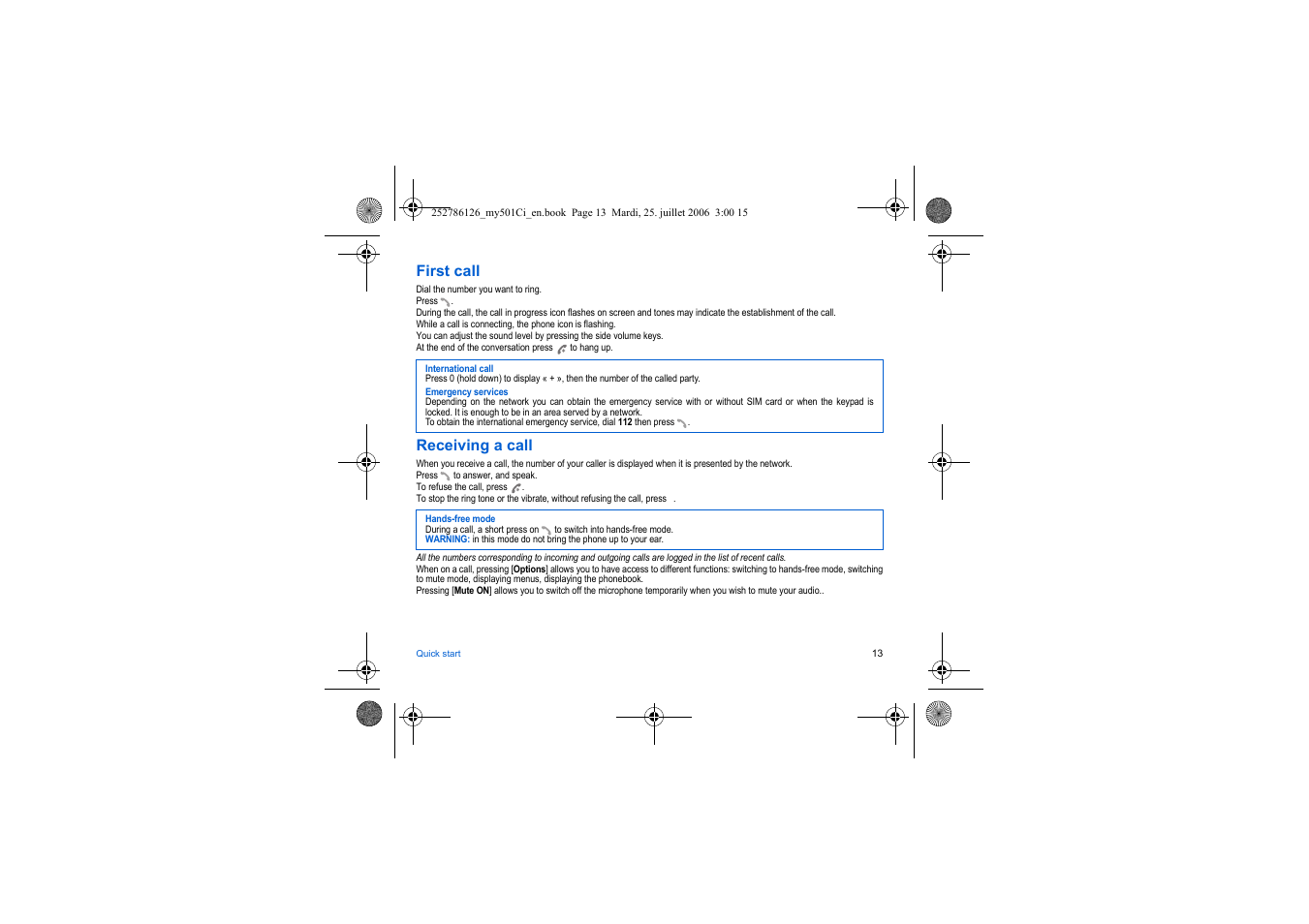 First call, Receiving a call | Sagem my501Ci User Manual | Page 13 / 64