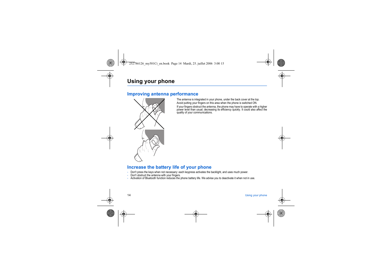 Using your phone, Improving antenna performance, Increase the battery life of your phone | Sagem my501Ci User Manual | Page 14 / 64