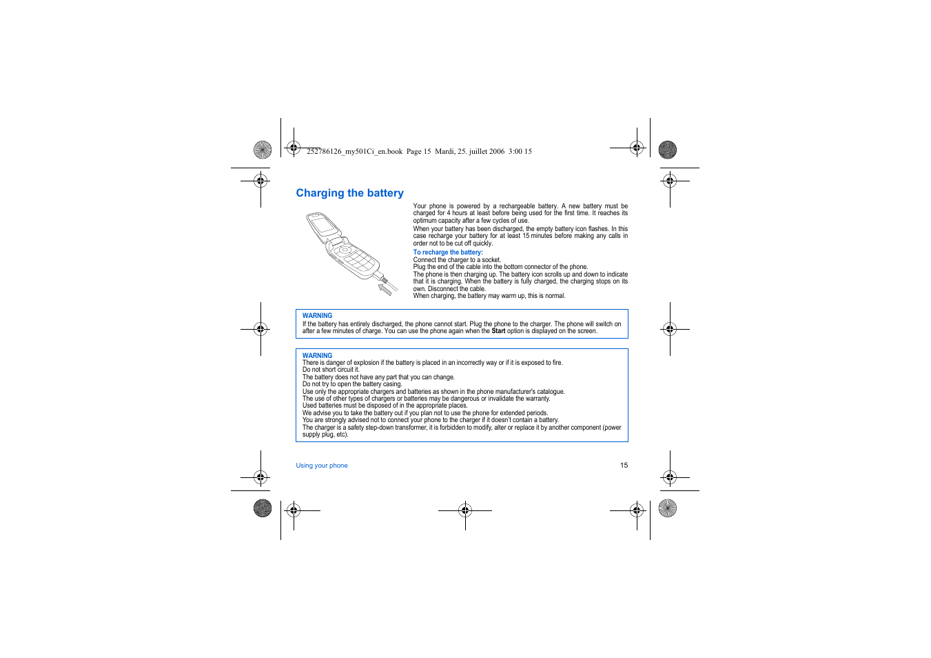 Charging the battery | Sagem my501Ci User Manual | Page 15 / 64