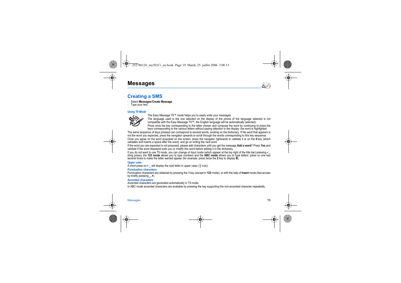 Messages, Creating a sms | Sagem my501Ci User Manual | Page 19 / 64