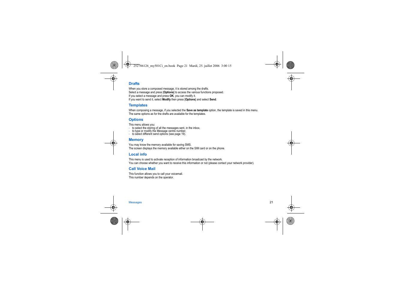 Drafts menu, Templates menu | Sagem my501Ci User Manual | Page 21 / 64