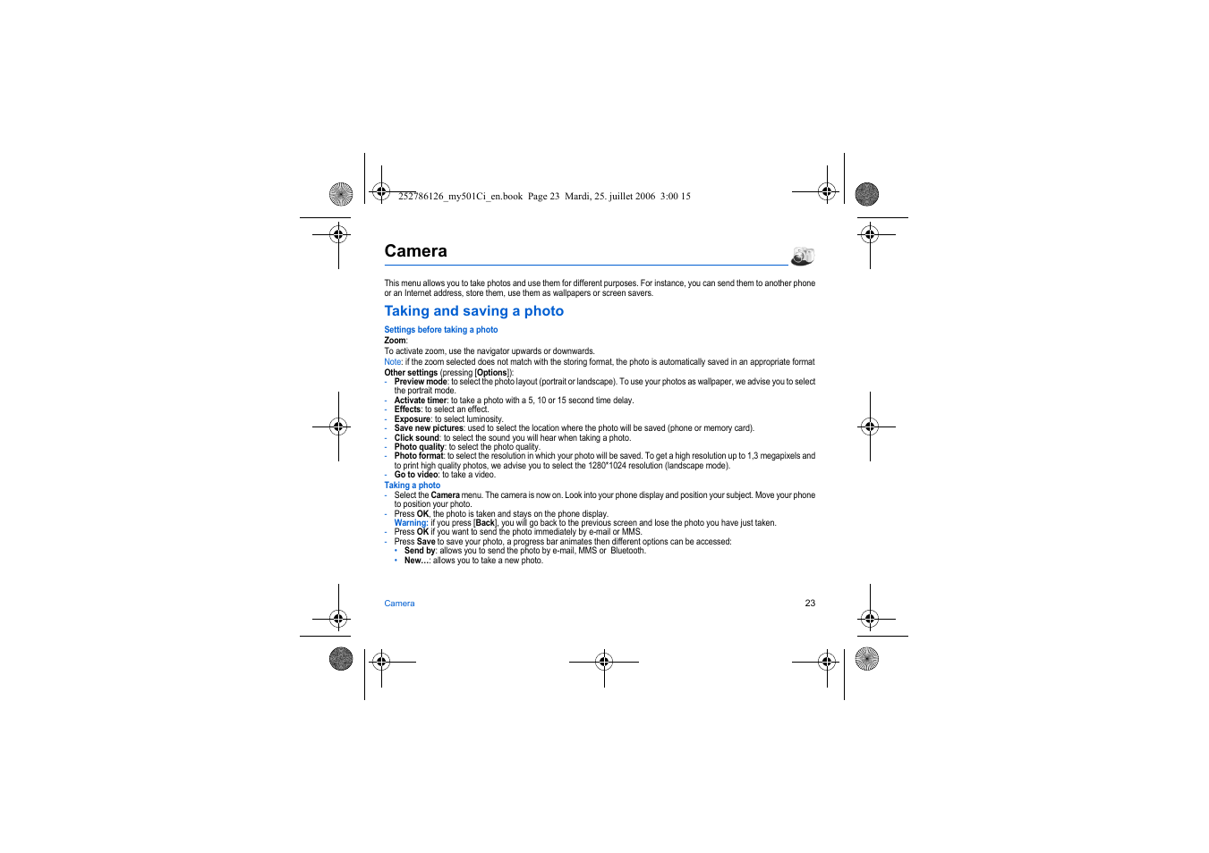 Camera, Taking and saving a photo | Sagem my501Ci User Manual | Page 23 / 64