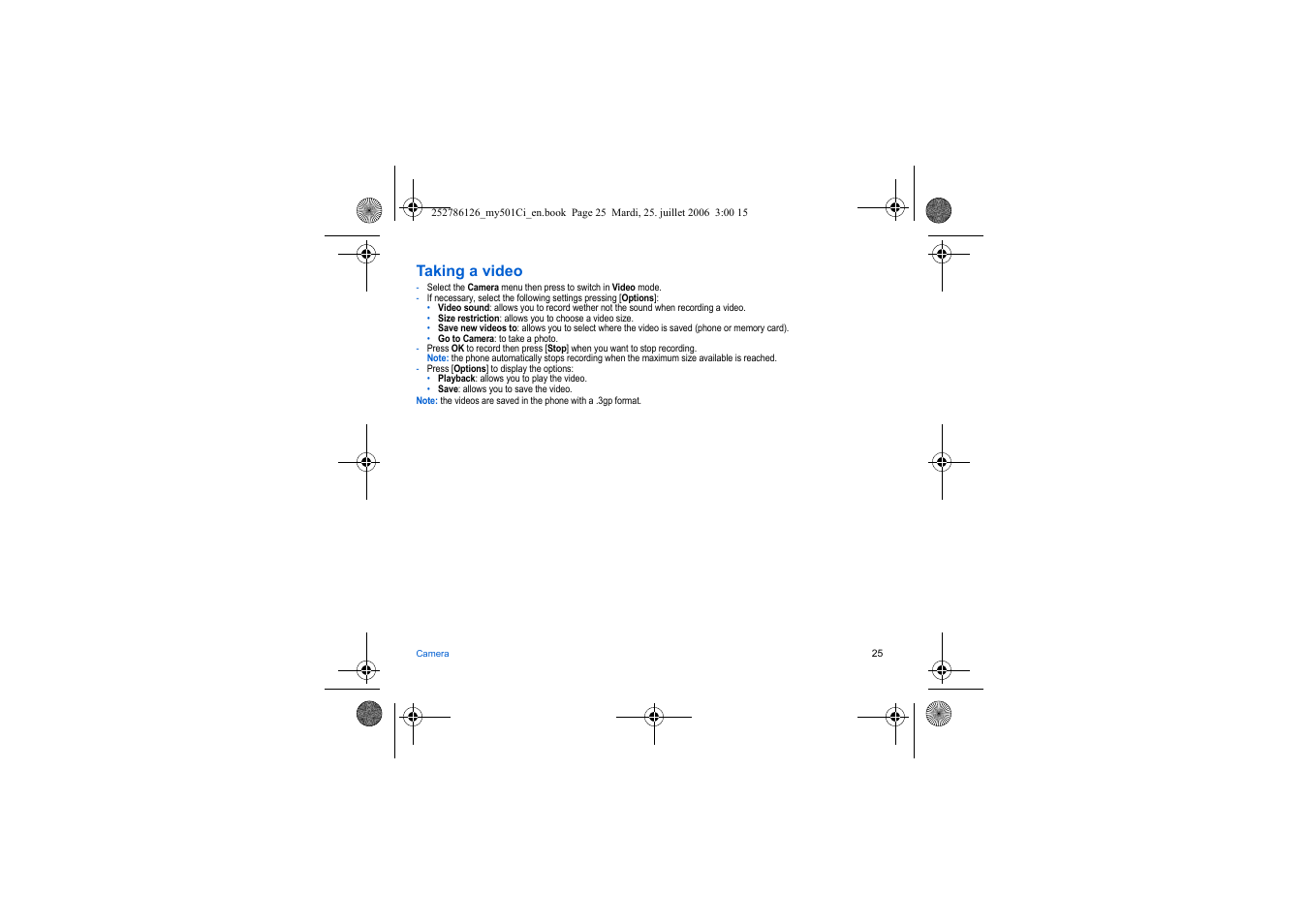 Taking a video | Sagem my501Ci User Manual | Page 25 / 64