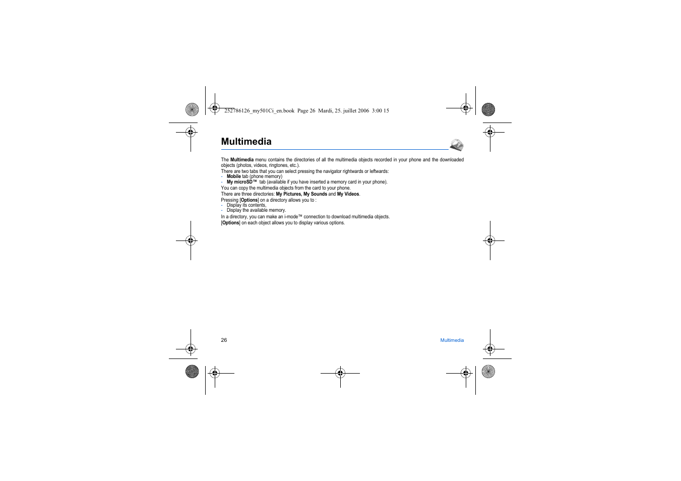 Multimedia | Sagem my501Ci User Manual | Page 26 / 64