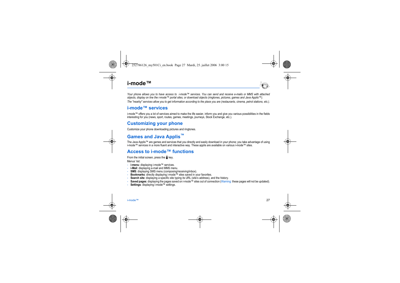 I-mode, I-mode™ services, Customizing your phone | Games and java applis, Access to i-mode™ functions | Sagem my501Ci User Manual | Page 27 / 64