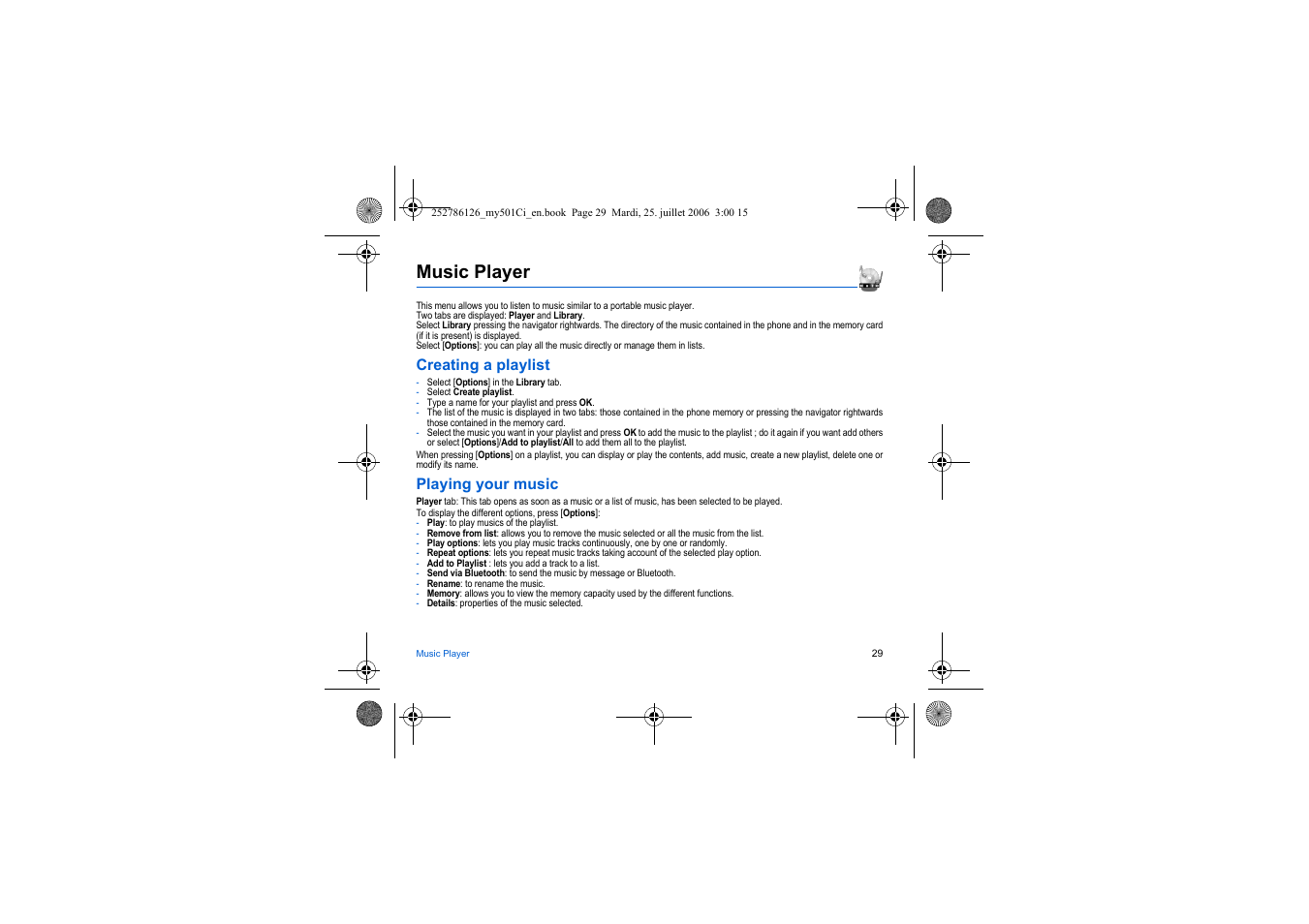 Music player, Creating a playlist, Playing your music | Sagem my501Ci User Manual | Page 29 / 64