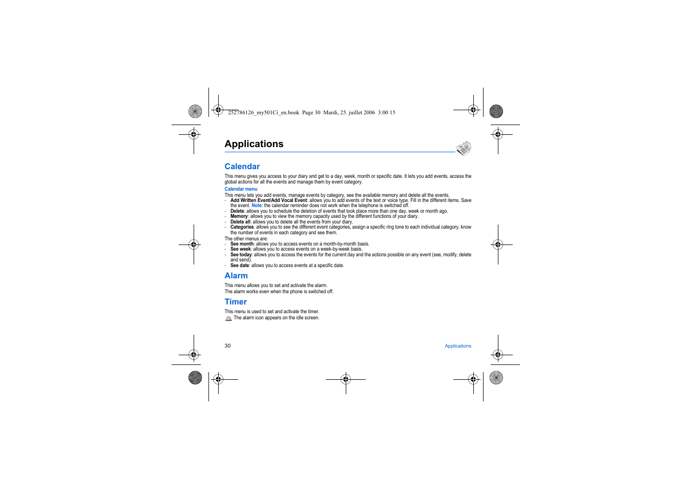 Applications, Calendar, Alarm | Timer | Sagem my501Ci User Manual | Page 30 / 64