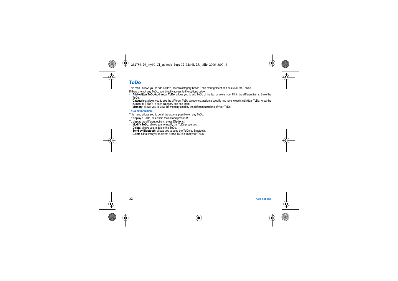 Todo | Sagem my501Ci User Manual | Page 32 / 64