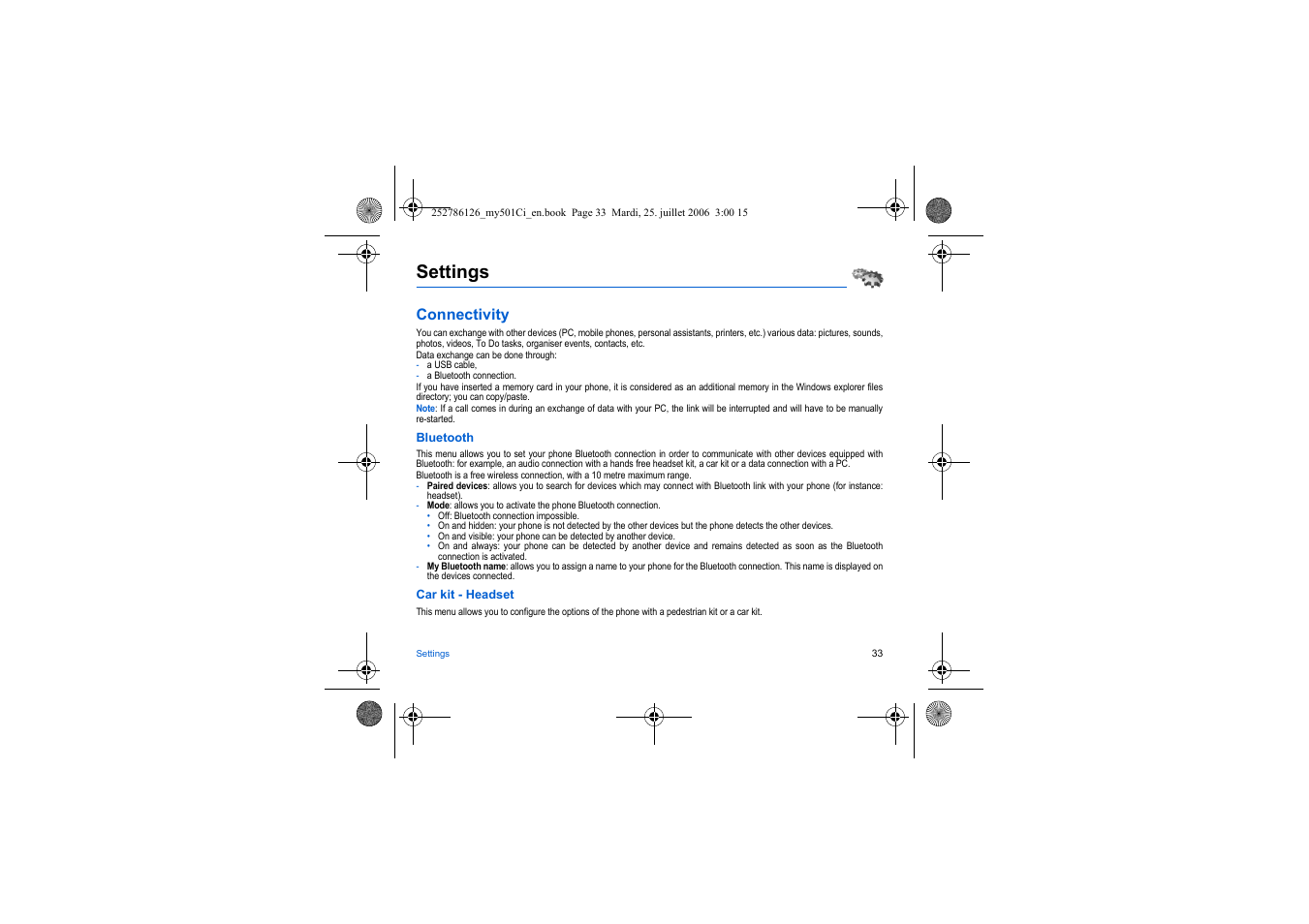 Settings, Connectivity, The settings | Sagem my501Ci User Manual | Page 33 / 64