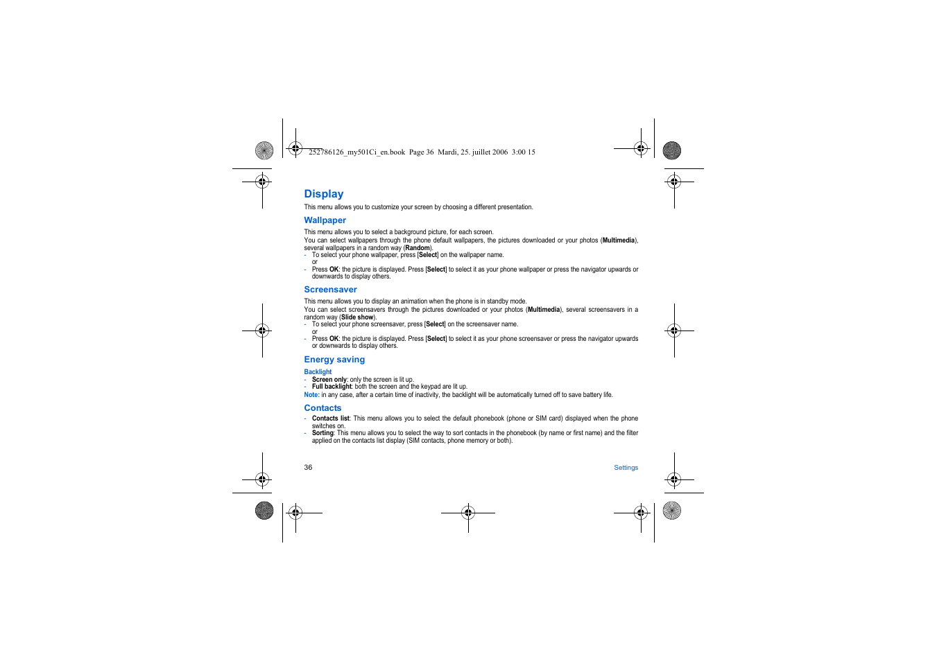 Display | Sagem my501Ci User Manual | Page 36 / 64