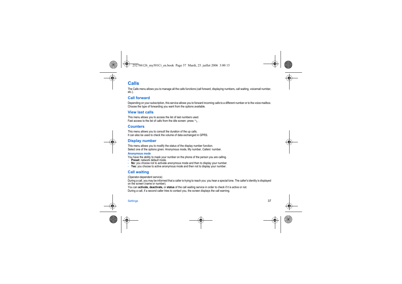 Calls | Sagem my501Ci User Manual | Page 37 / 64