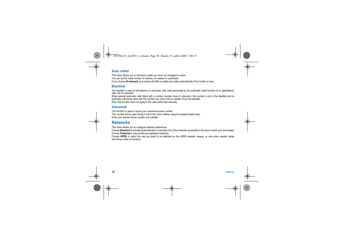 Networks | Sagem my501Ci User Manual | Page 38 / 64