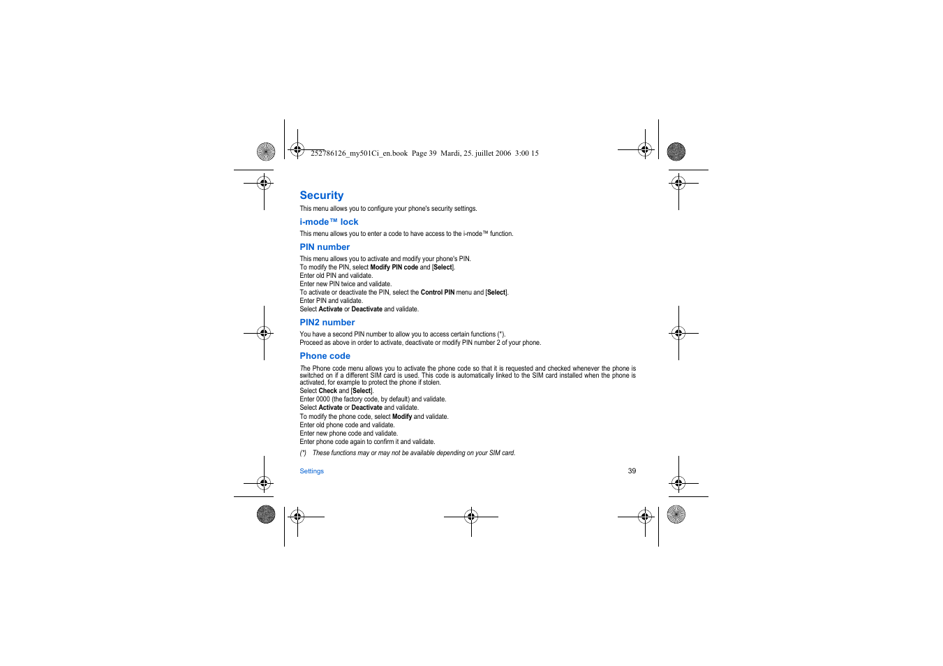 Security, See pin2 number, Security m | Sagem my501Ci User Manual | Page 39 / 64