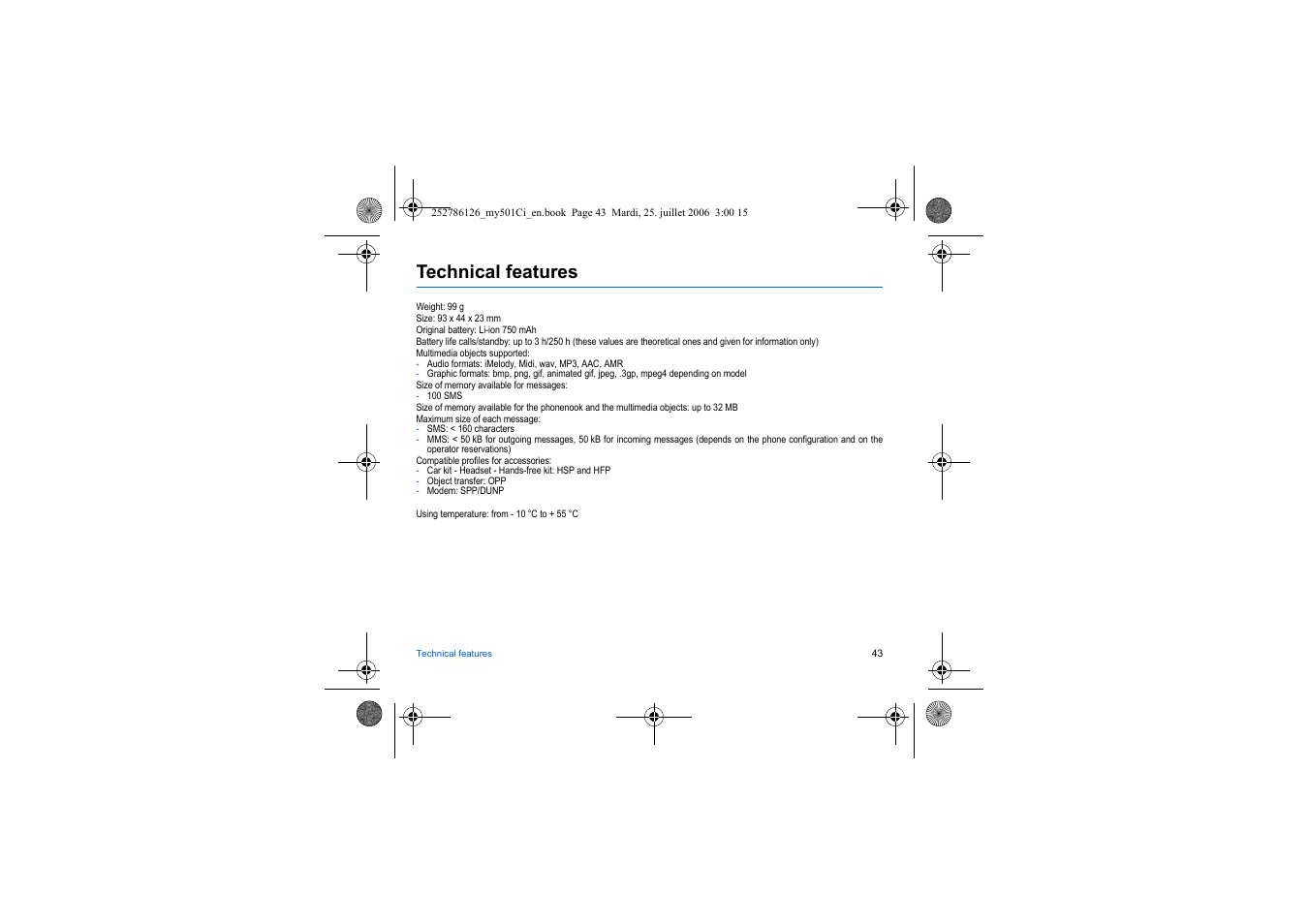 Technical features | Sagem my501Ci User Manual | Page 43 / 64