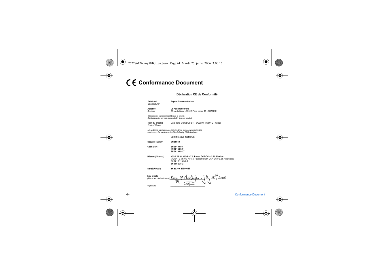 Conformance document | Sagem my501Ci User Manual | Page 44 / 64