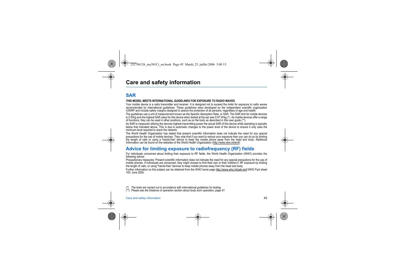 Care and safety information, Advice for limiting exposure to radiofrequency, Rf) fields | Sagem my501Ci User Manual | Page 45 / 64