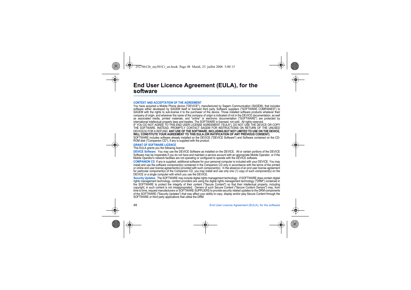 End user licence agreement (eula), for, The software | Sagem my501Ci User Manual | Page 48 / 64